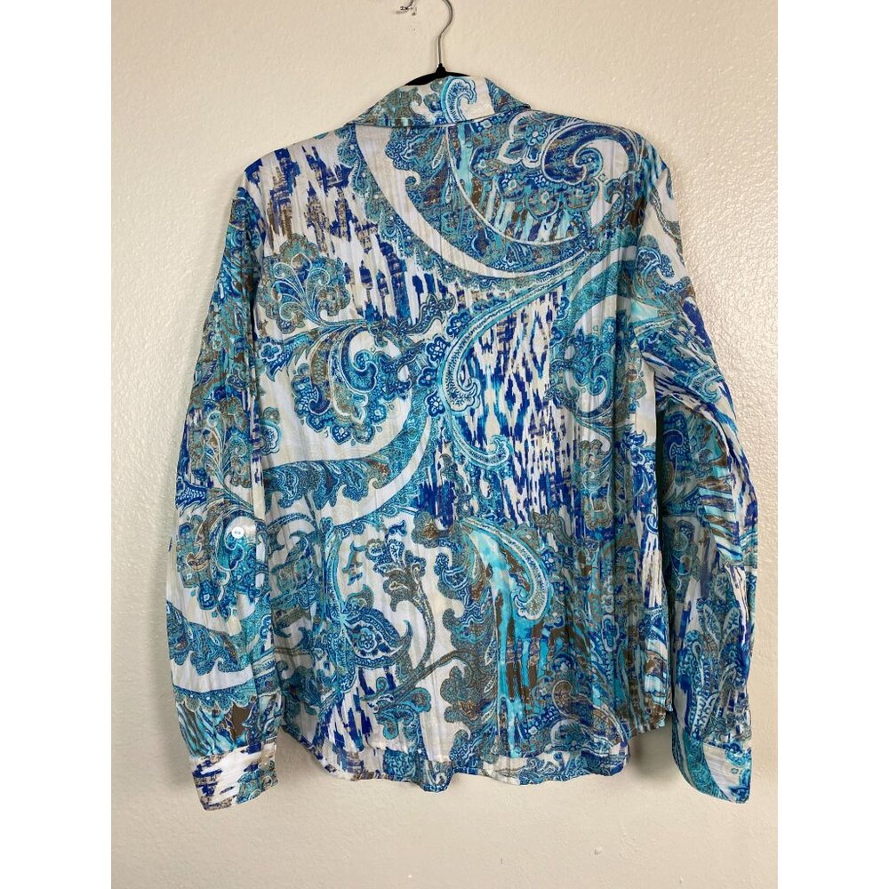 Chicos 2 Womens Paisley Button Up Top Size Large Crinkle Western Boho Blue Artsy - Picture 13 of 15